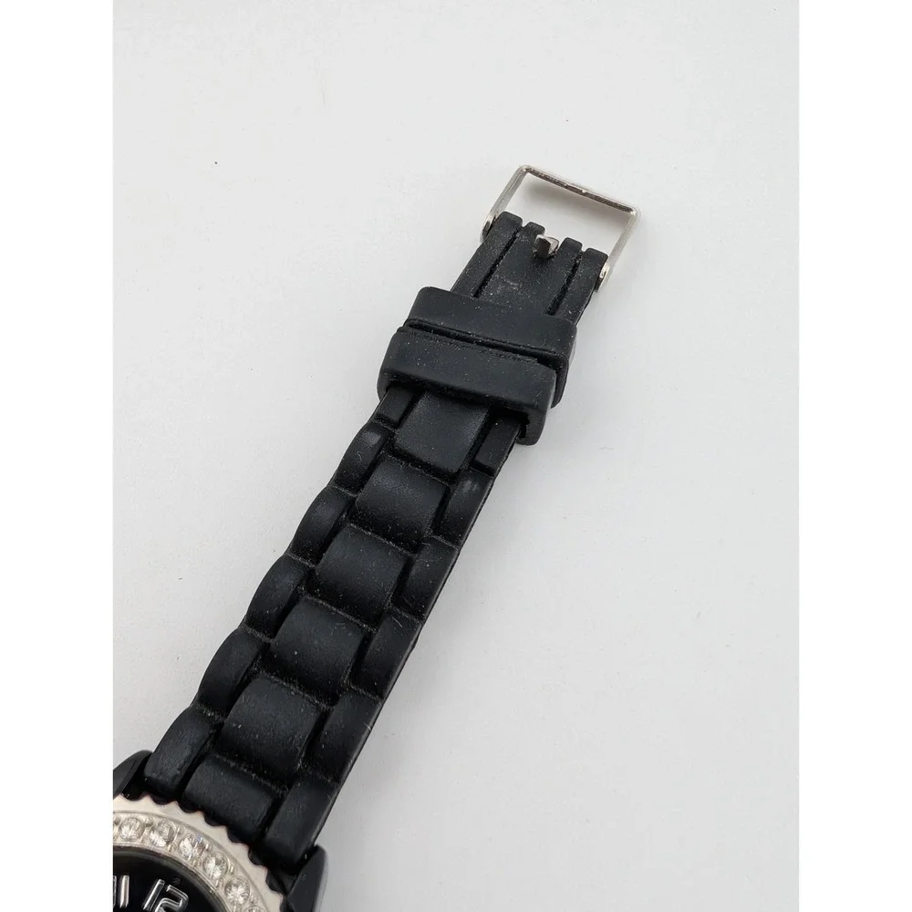 Geneva Women's Watch 32mm Case Rhinestone Bezel Black Silicone Band- New Battery